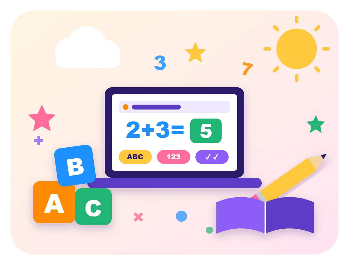 Kids learning tools illustration with ABC blocks, a laptop math quiz, pencil and book